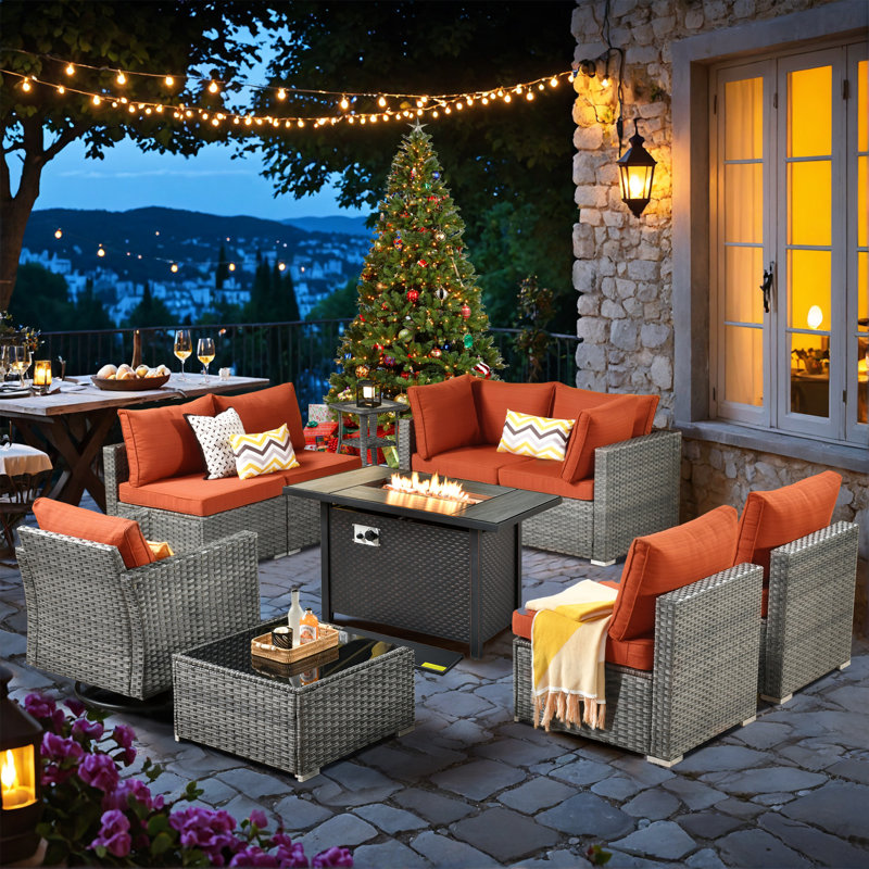 Ensemble de conversation de patio en osier pour 7 personnes avec chaises berçantes pivotantes et table de foyer Harbin