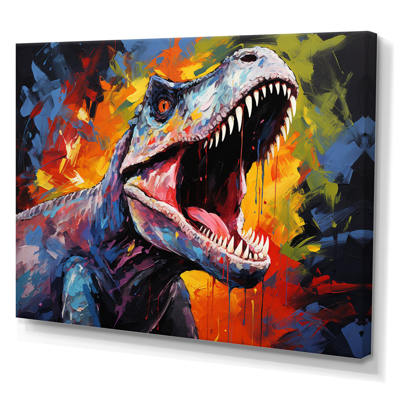 Dinosaure Trex rugissant coloré I - art de mur de dinosaure, Toile tendue, H 34 po x l 44 po x P 1,5 po