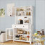 Armoire de rangement autoportante avec comptoir pour four à micro-ondes, 3 tablettes réglables, 5 portes en verre et grand tiroir blanc