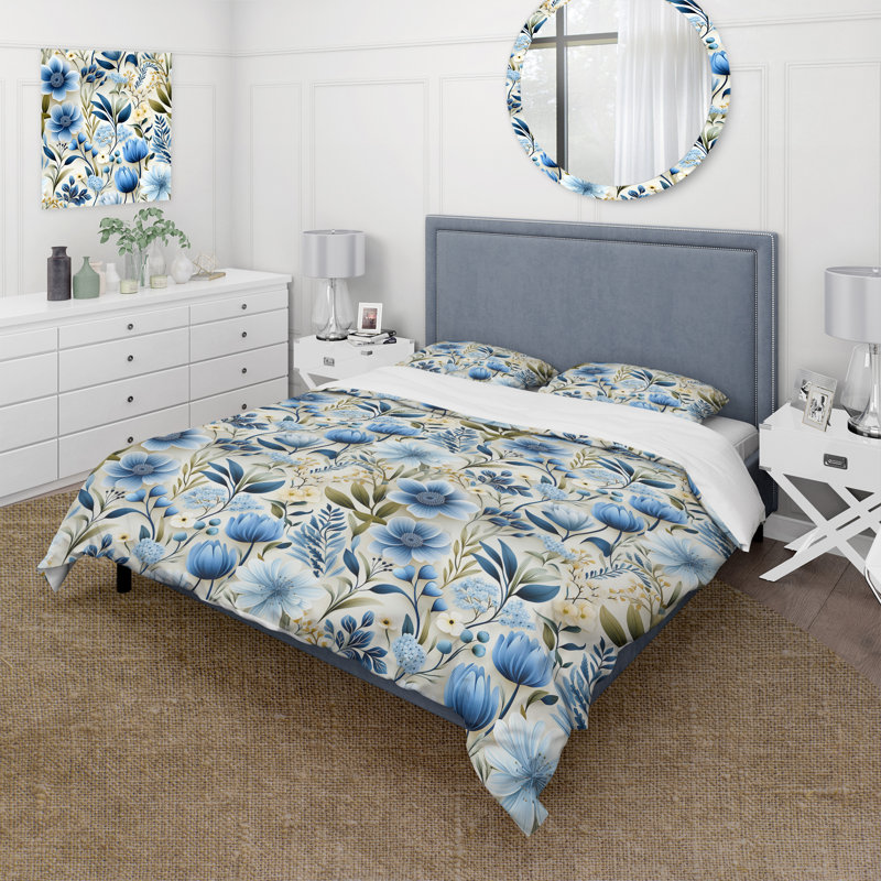 Ensemble de housse de couette blanc et bleu Ranunculus, Housse de couette simple + 1 taie décorative stan