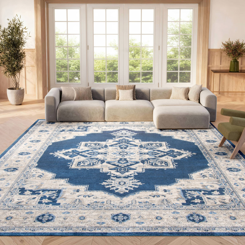Aurelle Oriental Navy/Creme Area Rug, Rectangle 8' x 10'