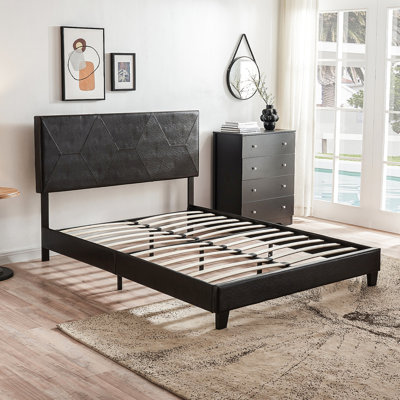 Upholstered Queen Bed With Platform Design - Black Pu, Wood Slat Base, Easy Assembly, No Box Spring, 500 Lbs Weight Capacity Frame For Home Decoration Support, To Assemble, Resistance Ability