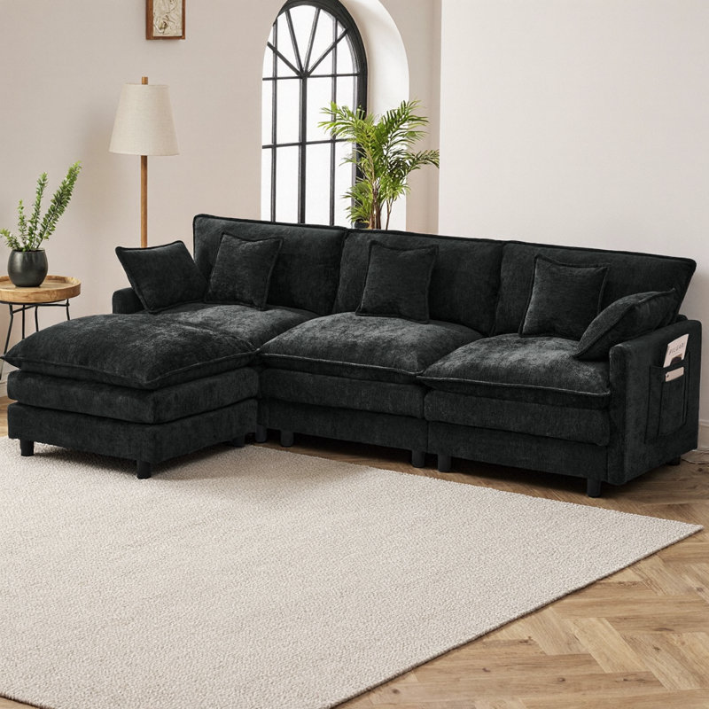 Canapé modulaire en chenille de 101,9 po en L avec repose-pieds mobile, canapé Cloud avec coussins en mousse et à ressorts, canapé modulaire 3 places pour le salon, la chambre à coucher, l’appartement
