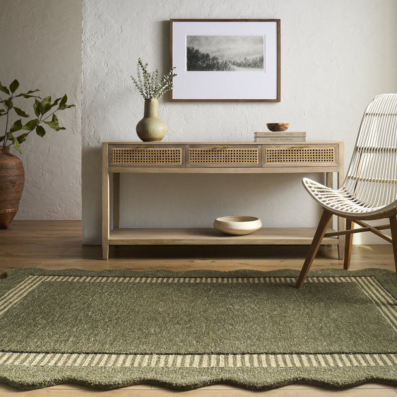 Abstract Wool Hand Tufted Area Rug, Olive Green, Beige, Runner 76 x 244 cm