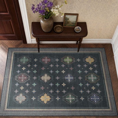  Machine Washable 4x6 Area Rugs for Living Room,Stepped Geometric Star Medallions Area Rugs Soft Low Pile Vintage Door Rugs, Black