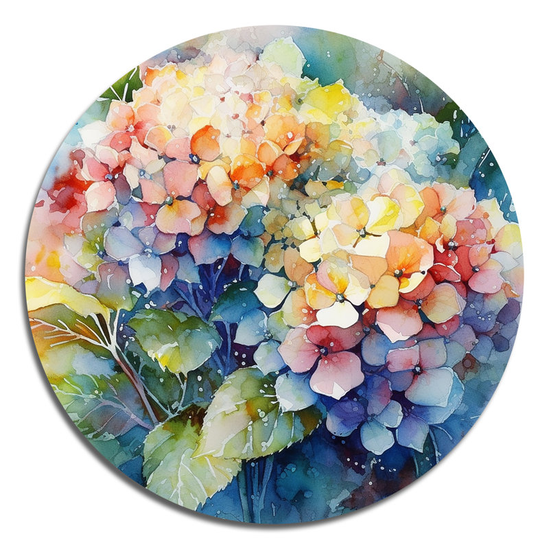 Bleu et vert hydreangea - art floral rond en métal, H 16 po x l 16 po