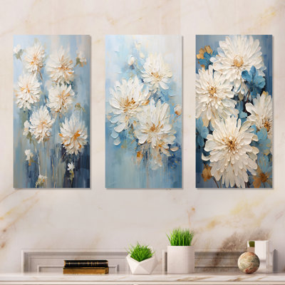 White And Blue Chrysanthemums Painted Ink - Chrysanthemums Metal Wall Art Prints Set Of 3