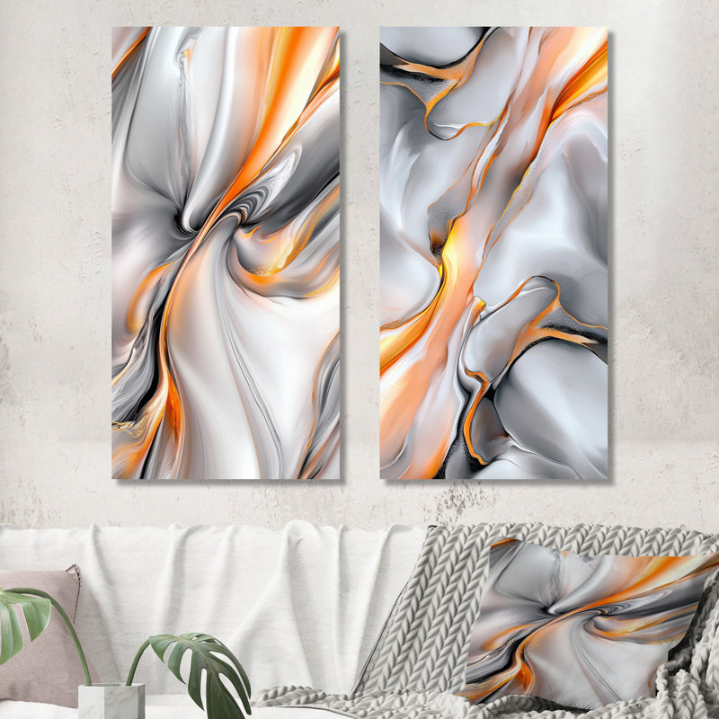 Marbre ascendant orange clair et gris - ensemble d'art mural moderne en métal sur 2 - imprimé sur métal, 32" H x 32" W