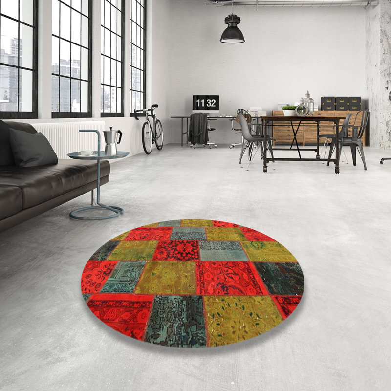 Tapis de zone vert/rouge contemporain, Rond 5 pi