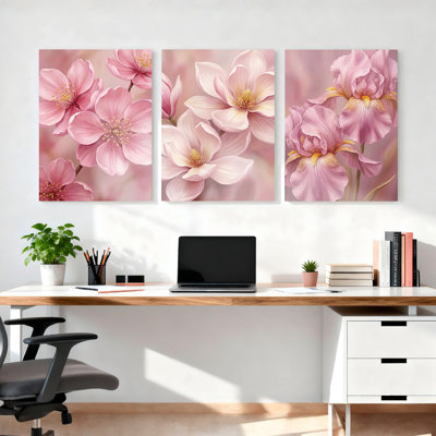 Pink Cherry Blossom And Iris Floral Canvas Wrapped Wall Art Set Of 3 For Living Room Bedroom Decor