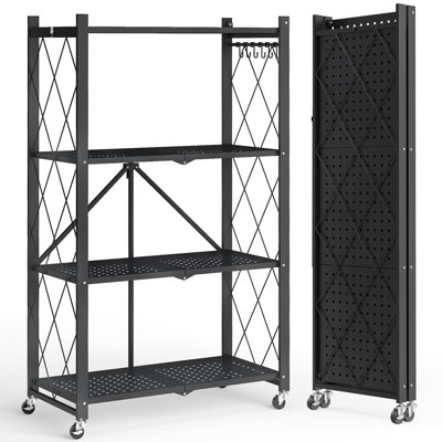 Tablette de rangement pliante à plusieurs niveaux en métal avec roues et crochets, support pliable sans assemblage pour la cuisine, le garage et le bureau