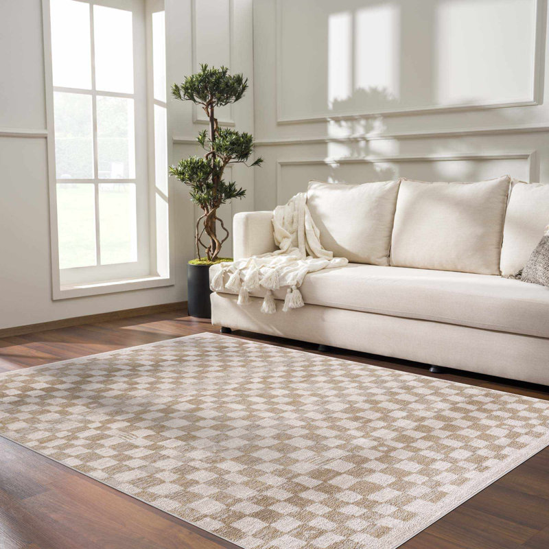 Jasha Checkered Area Rug, Rectangle 8'10" x 12', Beige