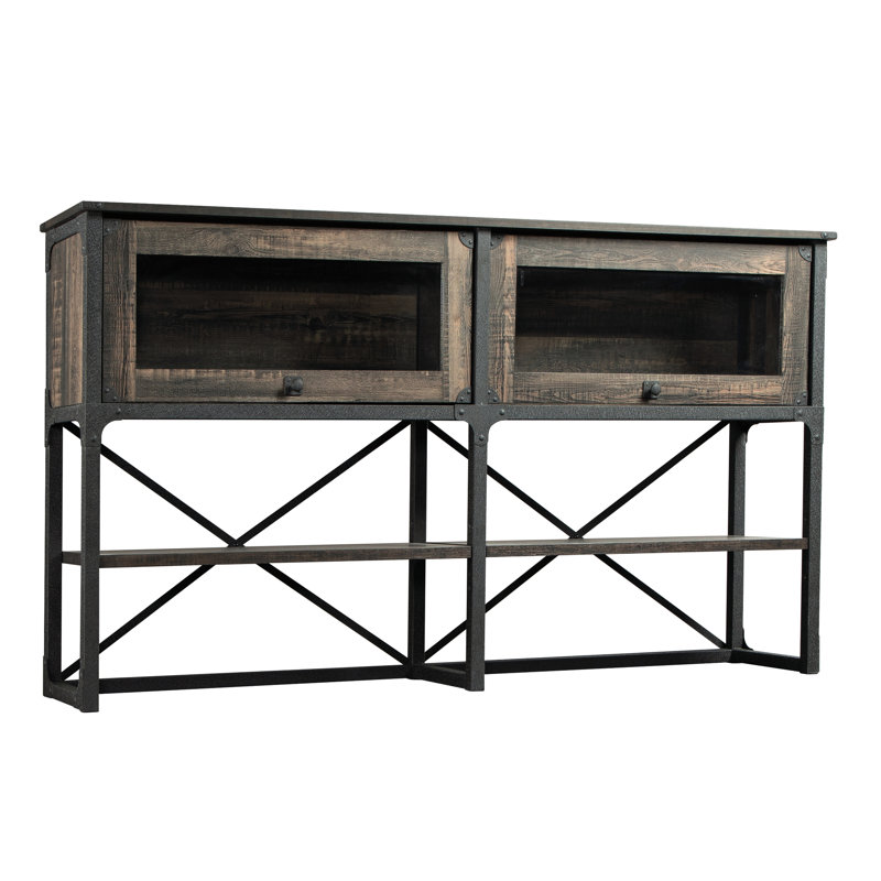 Finition brune pour le bureau, design industriel, matériau en bois d'ingénierie, 3 tablettes horizontales avec fonction réglable, portes en verre trempé encadrées, option de rangement à dos ouvert
