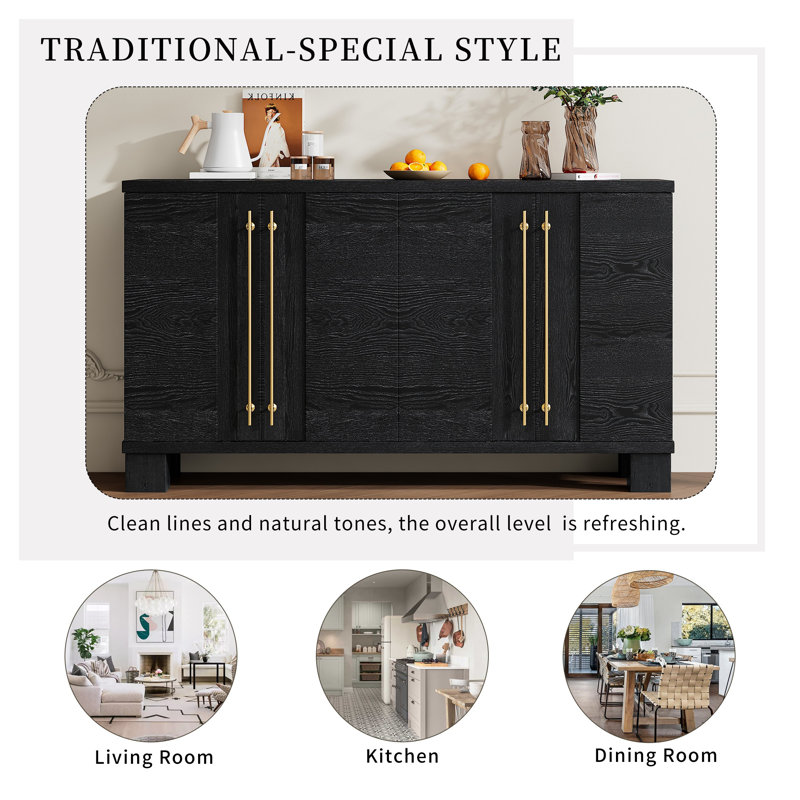 TREXM Modern Black Wood Sideboard Buffet Cabinet with Adjustable Shelves, Gold Handles & Large Storage for Dining Room, Black