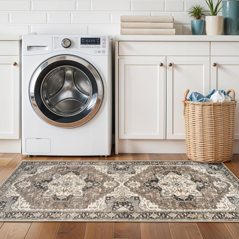 Rug Hallway - Washable Kitchen Vintage Stain Resistant Rugs Indoor Ultra-Thin Soft Floor Mat Non-Slip Rubber Backing Carpet for Bathroom Living Room Bedroom (Beige)