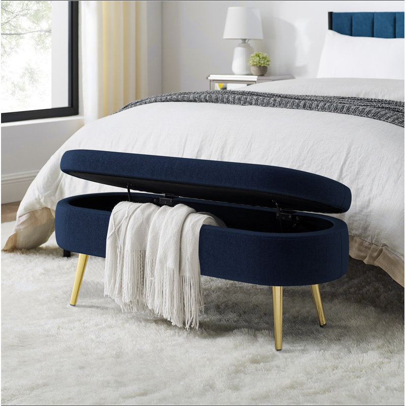 Banc de rangement repose-pieds ovale en flanelle avec pieds en métal - bleu foncé (43,5 po x 16 po x 16 po), Bleu très foncé