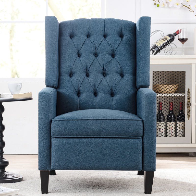 Confortable fauteuil inclinable bleu avec aile haute et rembourrée de 27,83 po de largeur, aile inclinable manuelle en tissu de couleur stable, support de dossier à boucle profonde, 3 positions réglables, teinture, bois massif +