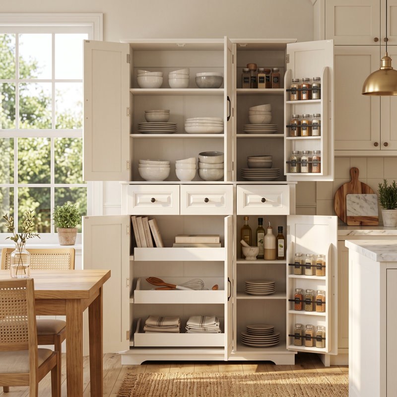 Armoire de cuisine de style exécutif de 72 pouces, armoire autoportante de style campagnard avec 3 plateaux coulissants à extension complète, étagères à épices à 6 niveaux et 3 tiroirs de rangement