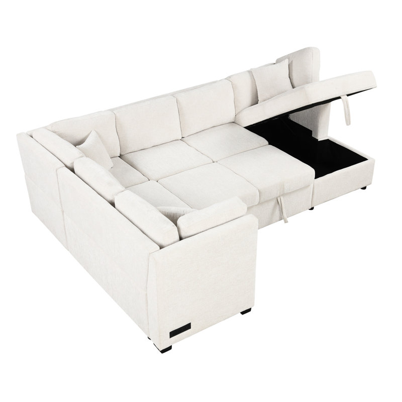 Lit en U avec lit, méridienne de rangement et lit modulaire en tissu beige 108,6 po et prises de courant, Chenille beige