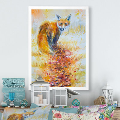 Illustration d'un renard orange dans la forêt II - œuvre d'art traditionnelle sur toile