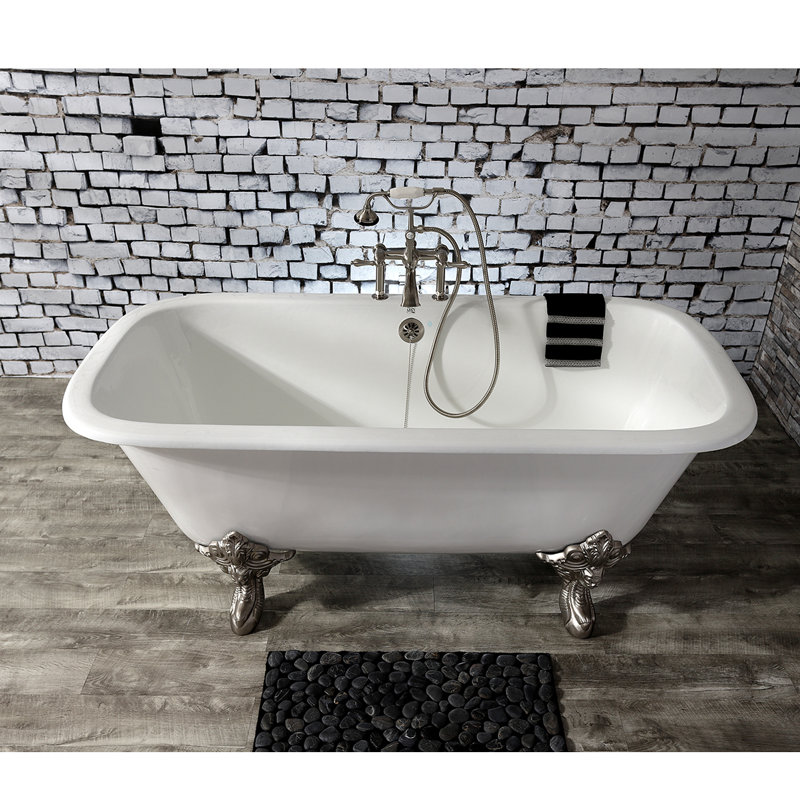 Kingston Brass Aqua Eden 67-Inch Cast Iron Rectangular Double Ended Clawfoot Tub (7-Inch Faucet Drillings), Brushed Nickel