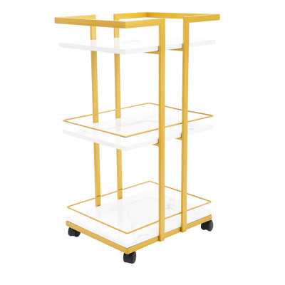 31.5" Mobile 3-Tier Rolling Cart with Lockable Casters, White & Gold Space Saving Storage Organizer for Kitchen, Office, Bathroom