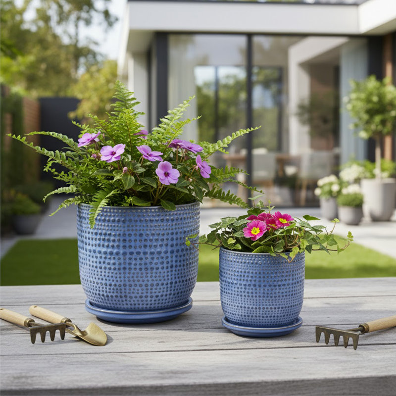 Decorative Round Indoor Planter With Saucer For Home Decor - Stylish Textured Flower Pot For Outdoor Patio Or Living Room Decor - Set Of 2, 6",  8"