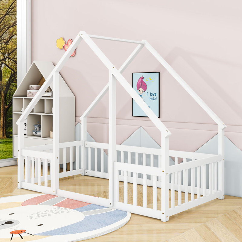 Wood House-Shaped Floor Bed With Guardrails, Twin, White