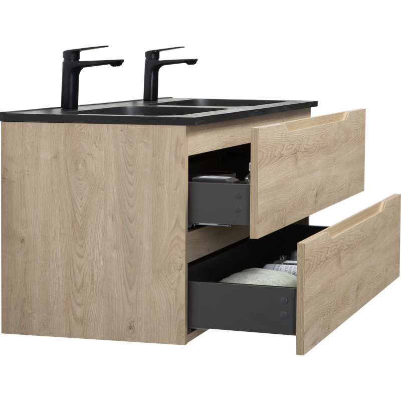 Passonno Bathroom Wall-mounted Double Sink Vanity With Black Quartz Sand Top And Natural Wood Finish Vanity
