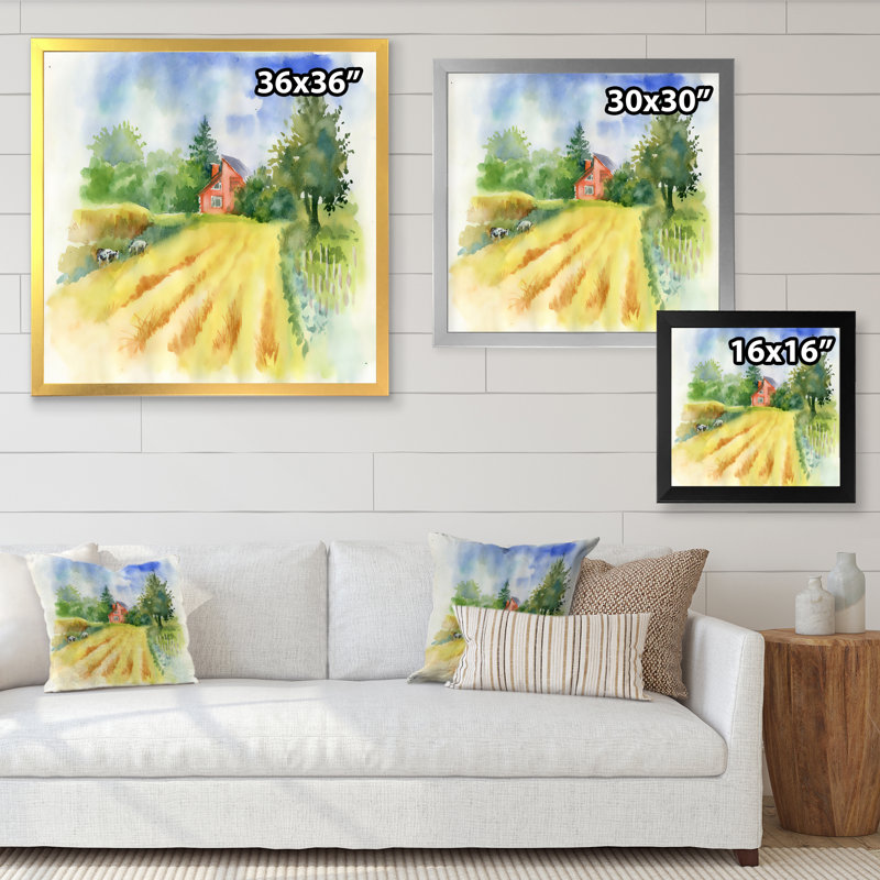 Champ et vaches avec maison - Peinture sur toile, H 16 po x l 16 po x P 1 po, Cadre doré à coins fermés