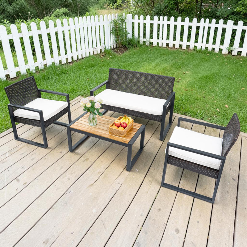 Ensemble de conversation d'extérieur 4 pièces avec coussins et plateau en bois d'acacia