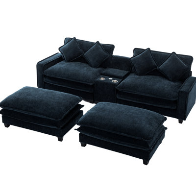 111" American Design Sectional , Blue, Double Cushion, Two Ports, Cup Holders, And Storage Space For Home