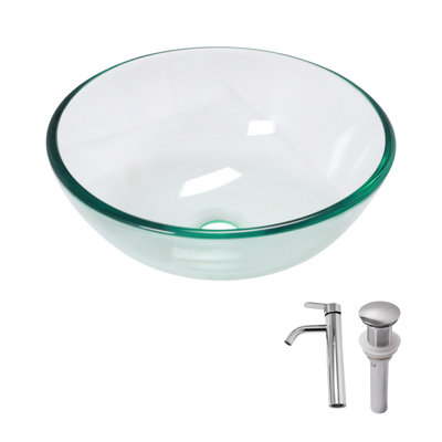 Bathroom Artistic Tempered Glass Vessel Bathroom Sink with Chrome Faucet and Pop-up Drain, 16.5" L x 16.5" W x 5.38" H, Tempered Glass, 1 Piece, Bathroom Sink, Clear, Tempered Glass, Pop-Up Drain
