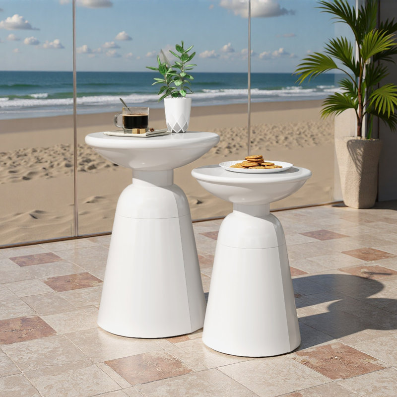 Tables d'appoint d'extérieur en fer avec design évasé, ensemble de 2, Blanc