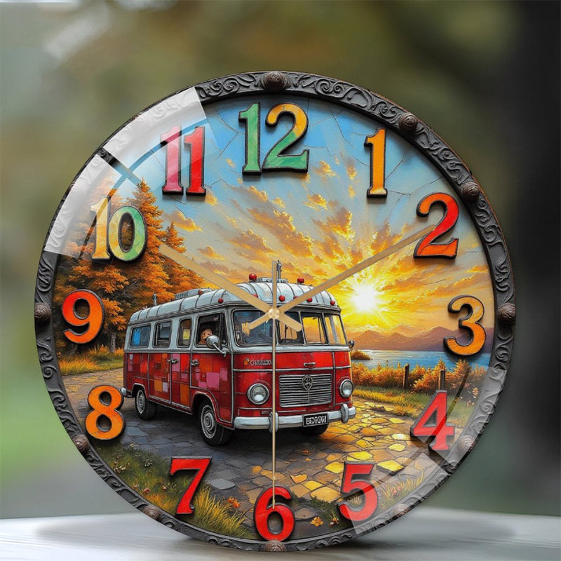 Horloge murale rétro avec magnifique scène de coucher de soleil - Horloge murale moderne en verre 12 po
