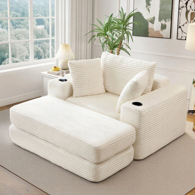 52" Oversized Chaise Lounge Chair Indoor, Corduroy Upholstered Boneless Sofa Bed with Cup Holder and Pillows