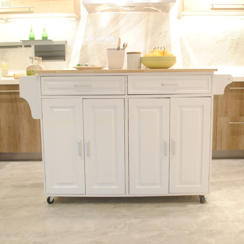 Kitchen Island & Kitchen Cart, Mobile Kitchen Island, Rubber Wood Top, Big & Adjustable Shelf Inside Cabinet For Different Utensils, Luxury Design Fits Party At Different Site.