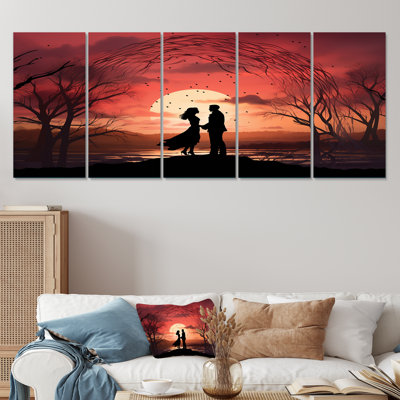 Couple romantique rouge amoureux au lever du soleil - paysage romantique, ensemble de 5 pièces