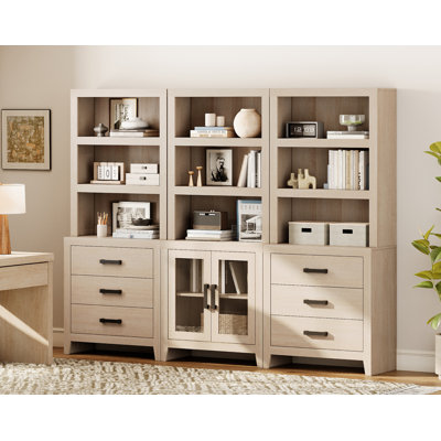 74" Tall  Bookshelf With, 3-Tier Farmhouse Bookcase With Glass Doors And Drawers, Multifunctional Storage Cabinet For Living Room, Home Office, Library, Beige