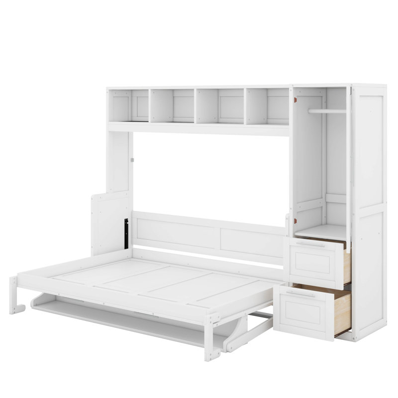 Lit escamotable double avec tiroirs et garde-robe, Blanc