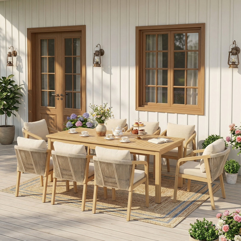 8-Person All Weather Acacia Wood Outdoor Dining Set With Umbrella Hole