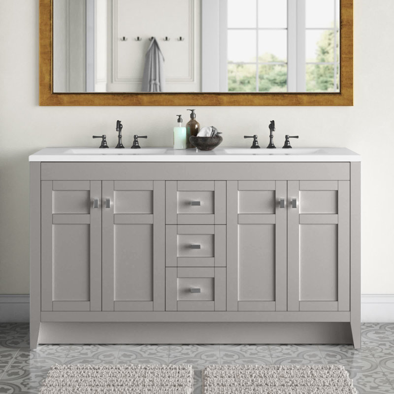 60.5" Double Bathroom Vanity With Cultured Marble Top, Gray