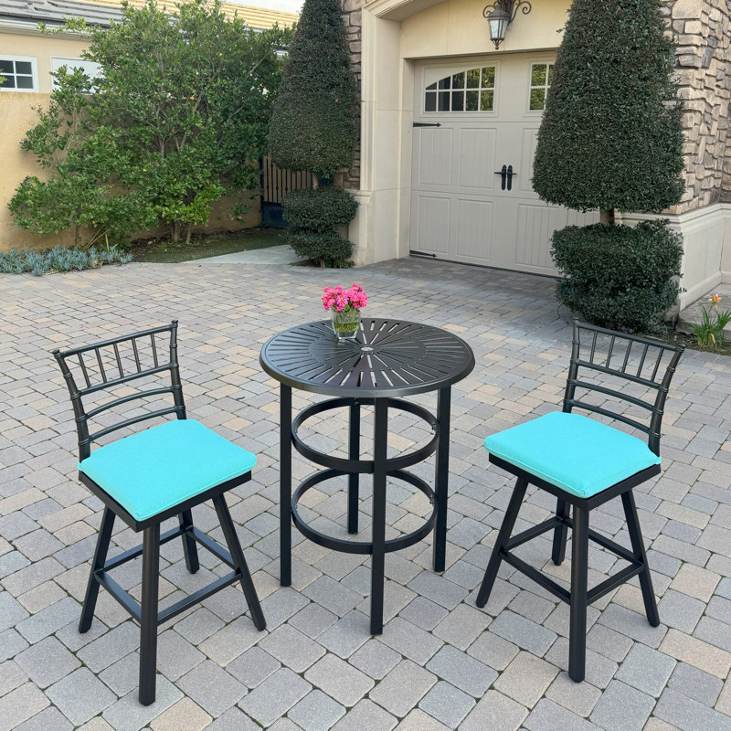 Aluminum 3-Piece Patio Bar Set with 30'' Round Counter Height Bar Table, Blue