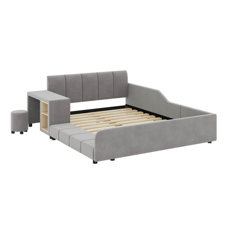 Lit double tapissier pleine grandeur avec bureau de chevet, Grey