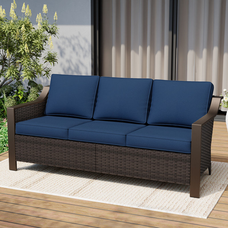 Rattan 75“Armrest Couch Sofa, Blue Polypropylene / Olefin