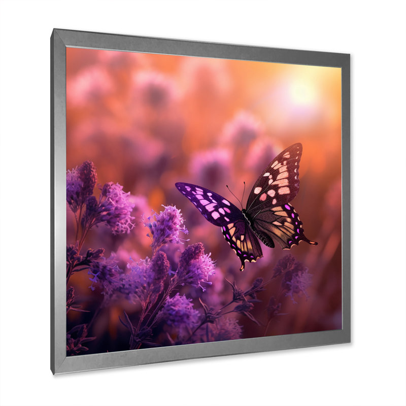 Papillon rose, coucher de soleil magique I, H 36 po x l 36 po x P 1,5 po, Cadre simple argenté