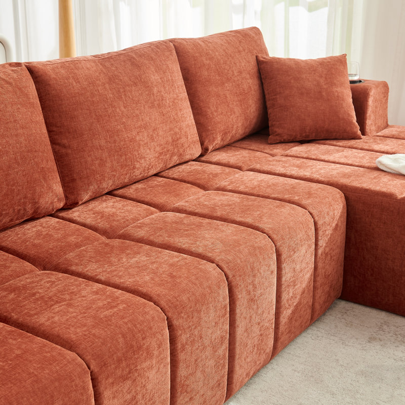 Canapé modulaire en L en chenille avec méridienne, confort de style nuage, porte-gobelets, poches latérales, aucun assemblage requis