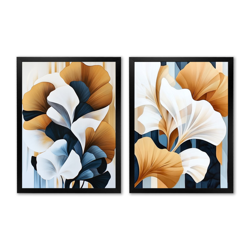 Ginkgo dans le silence doré I - Ensemble de 2 décorations murales Japandi, 32" H x 48" W, Black Picture Framed