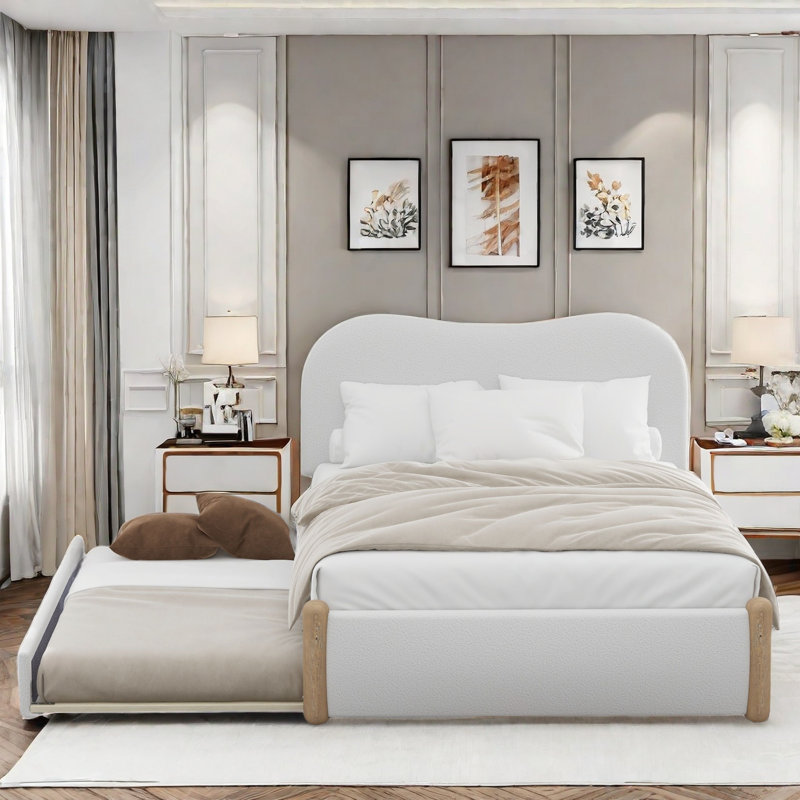 Lit plateforme tapissier avec pieds de support en bois et lit gigogne simple Madilyne, Double, Blanc