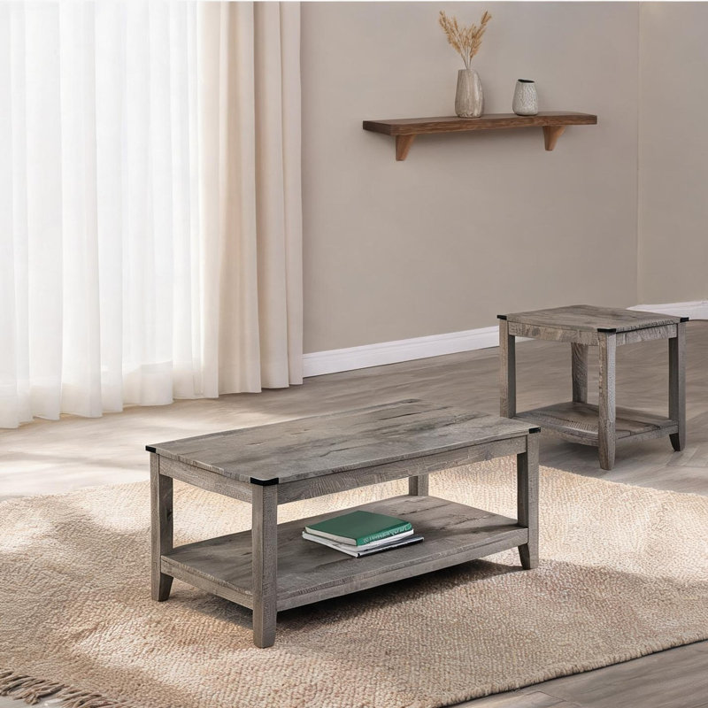 3-Piece Cocktail Table Set, Engineered Wood in Slate Grey, Rustic Rectangular Coffee Table and Two Square End Tables, Living Room
